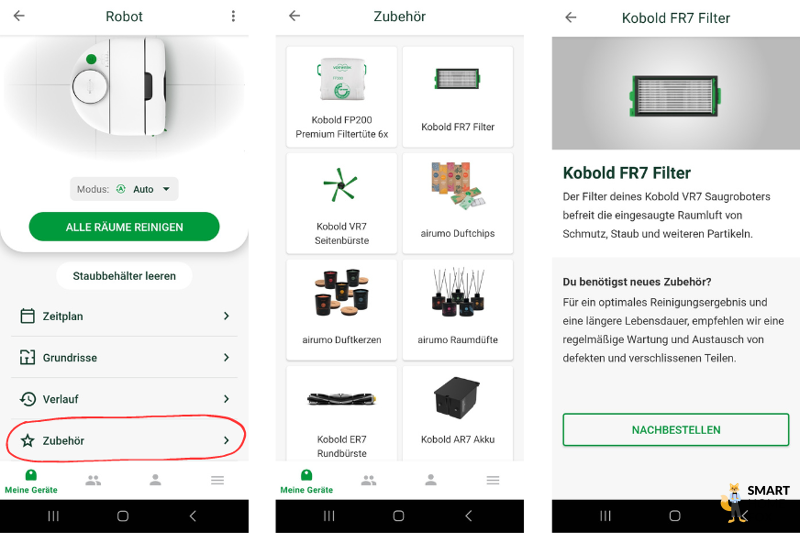 Zubehör wird in der MyKobold App des Vorwerk VR7 nachbestellt.